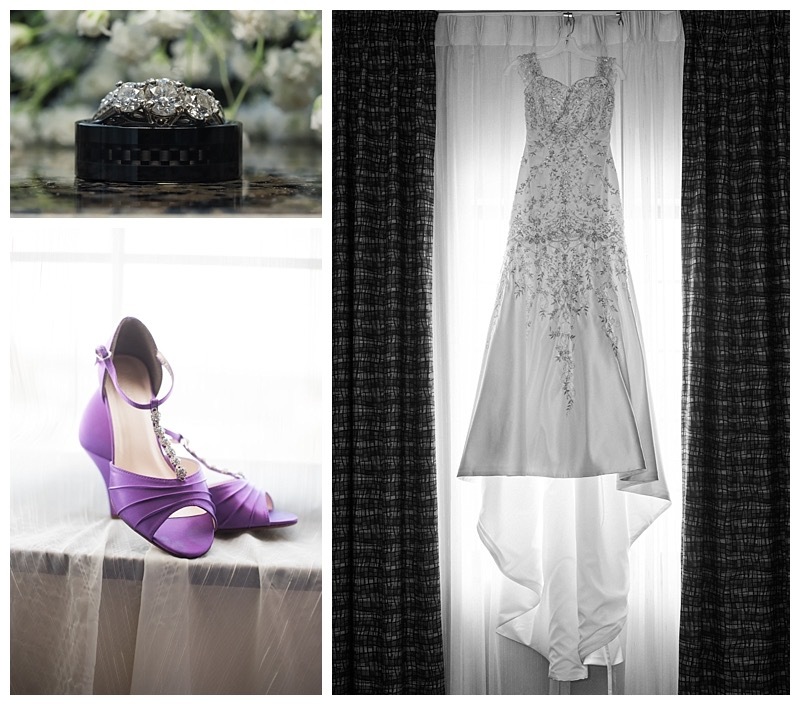 Bridal gown, wedding bands, and bridal shoes.
